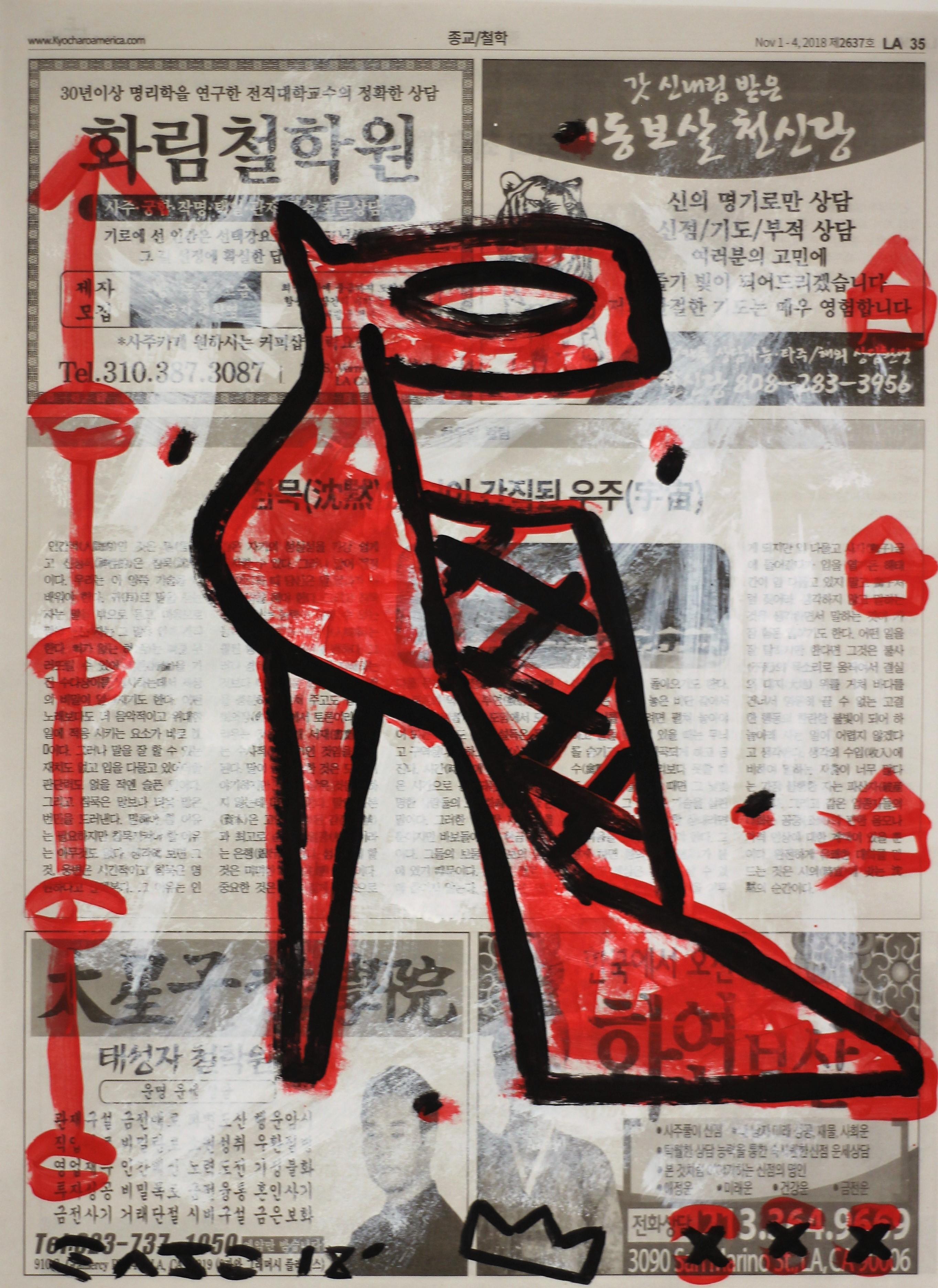 Gary John Figurative Painting - My Dream Shoe - Black and Red Stiletto Original Street Art on Newsprint