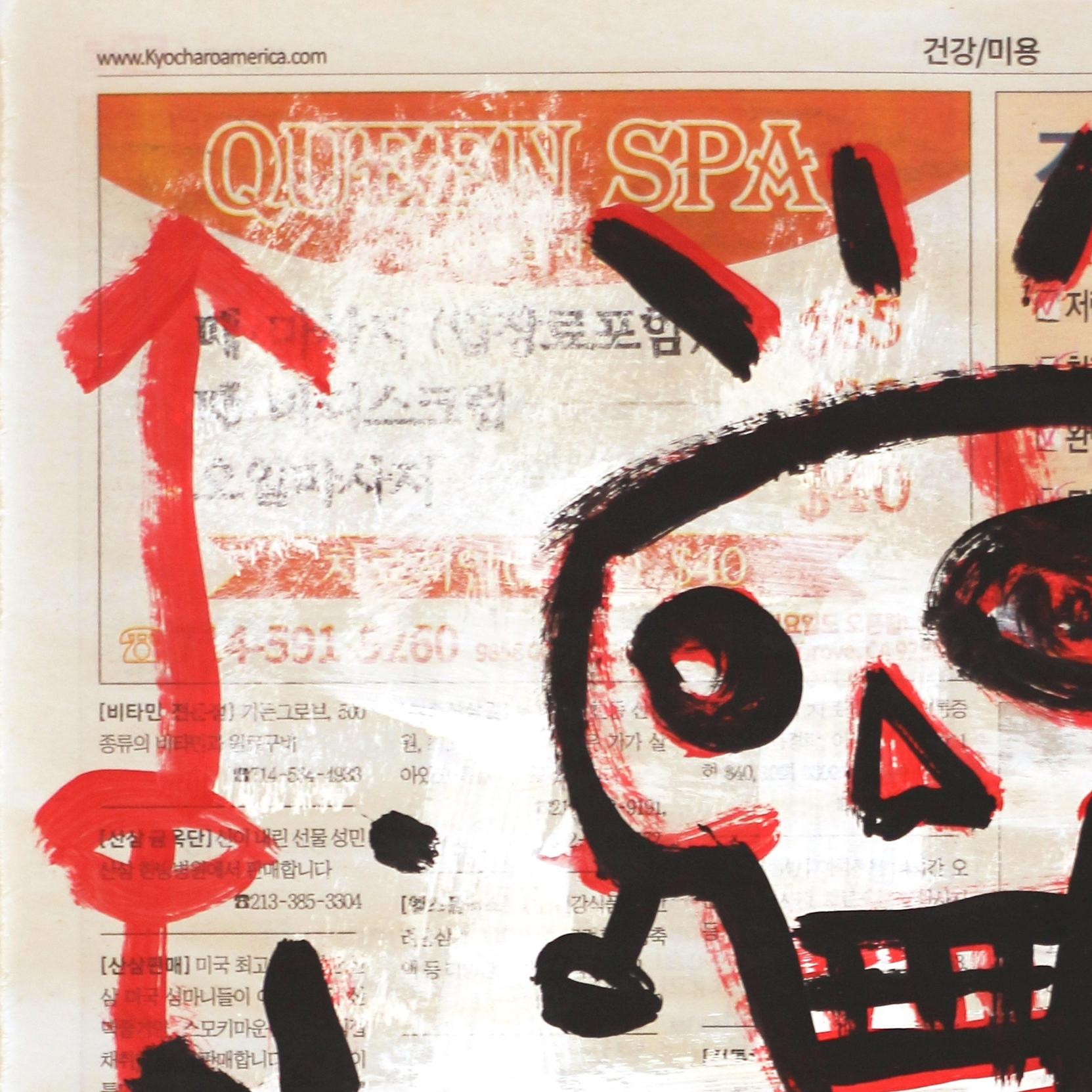 Spa Queen - Original Street Art Skeleton Black and Red on Newsprint For Sale 2