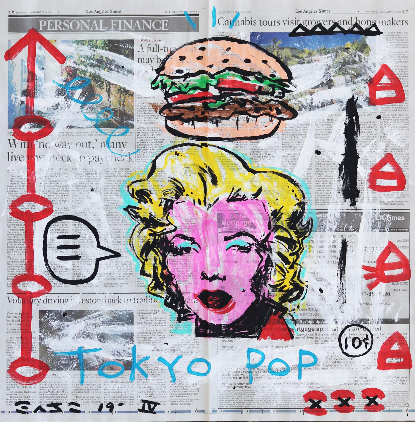 Pop Talk Marilyn - Peinture Pop Art originale de Tokyo Hamburger - Mixed Media Art de Gary John