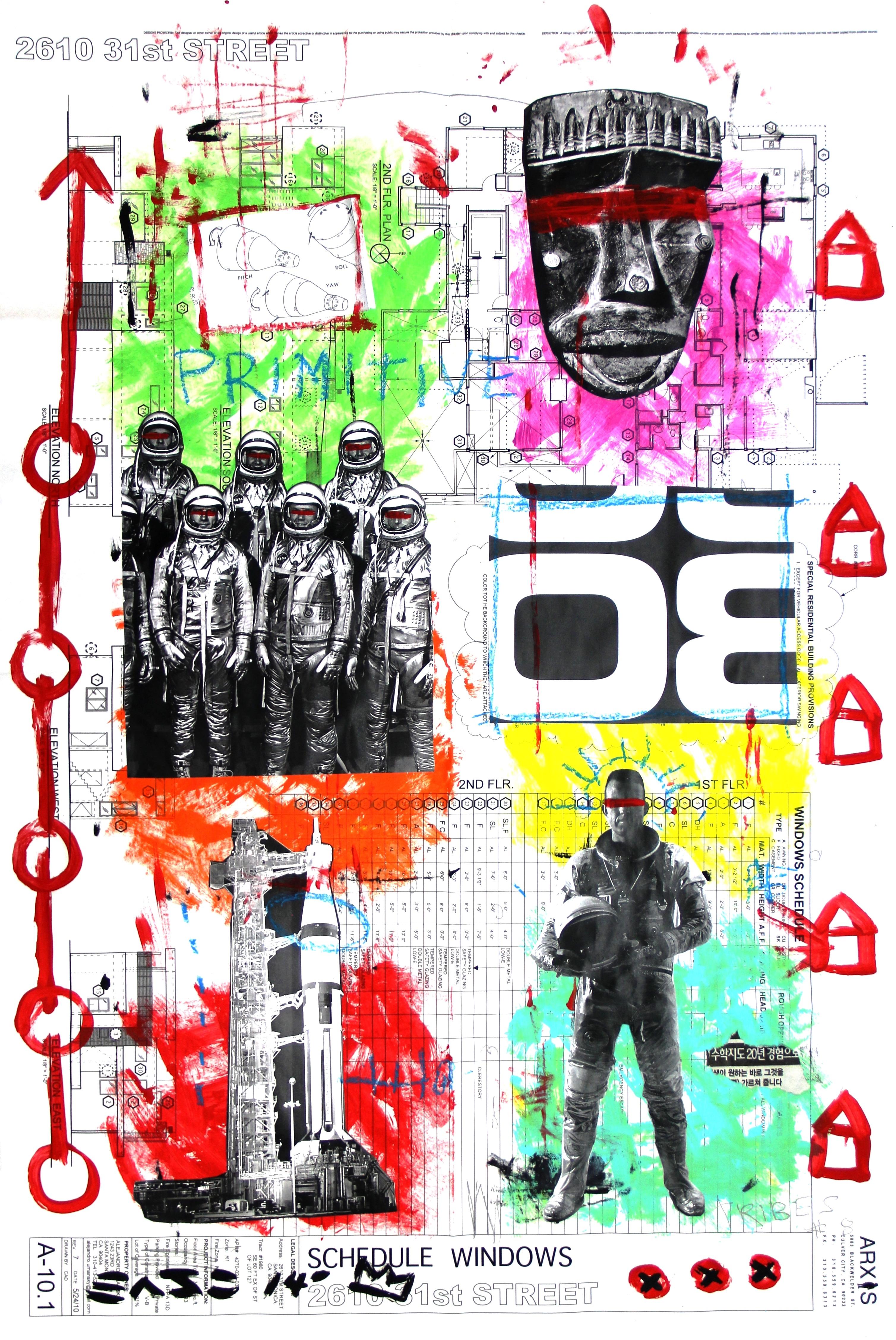 "Provisiones primitivas" Colorido collage de arte callejero original de Gary John