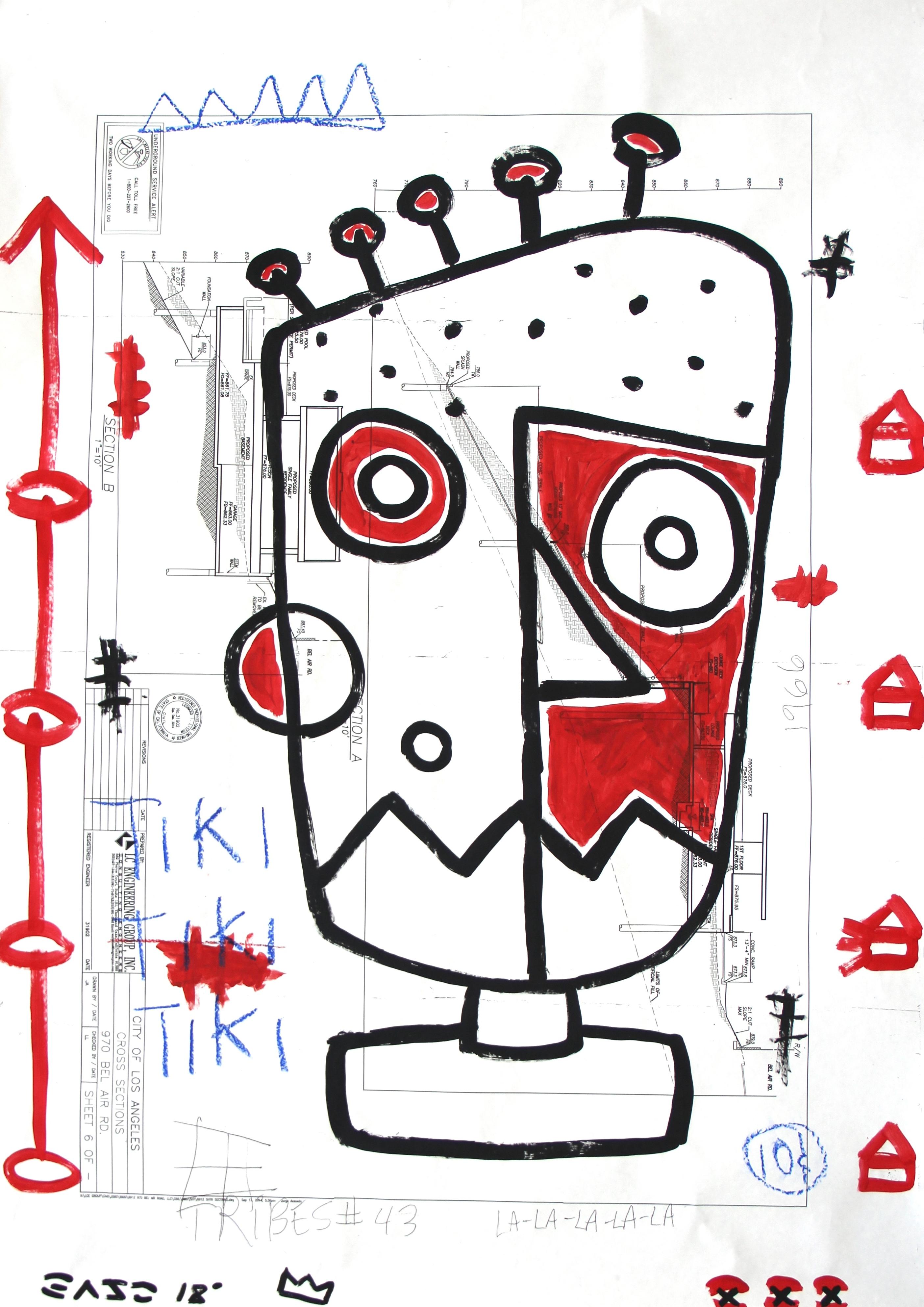 „Robot Tiki Man“ – Original rote und schwarze Pop Street Art von Gary John