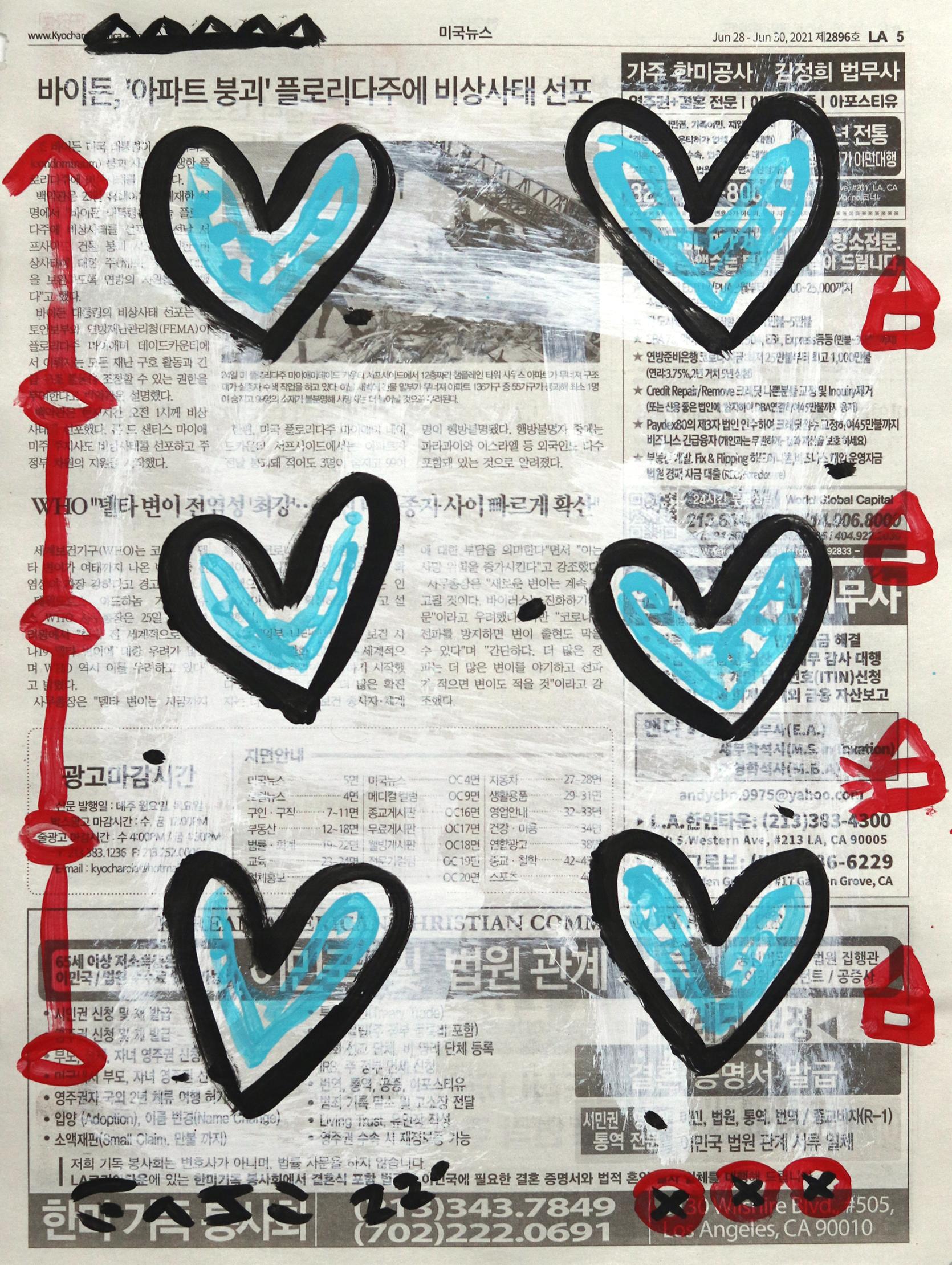 „Six Blue Hearts“ – Original Gary John Pop-Gemälde auf Zeitung