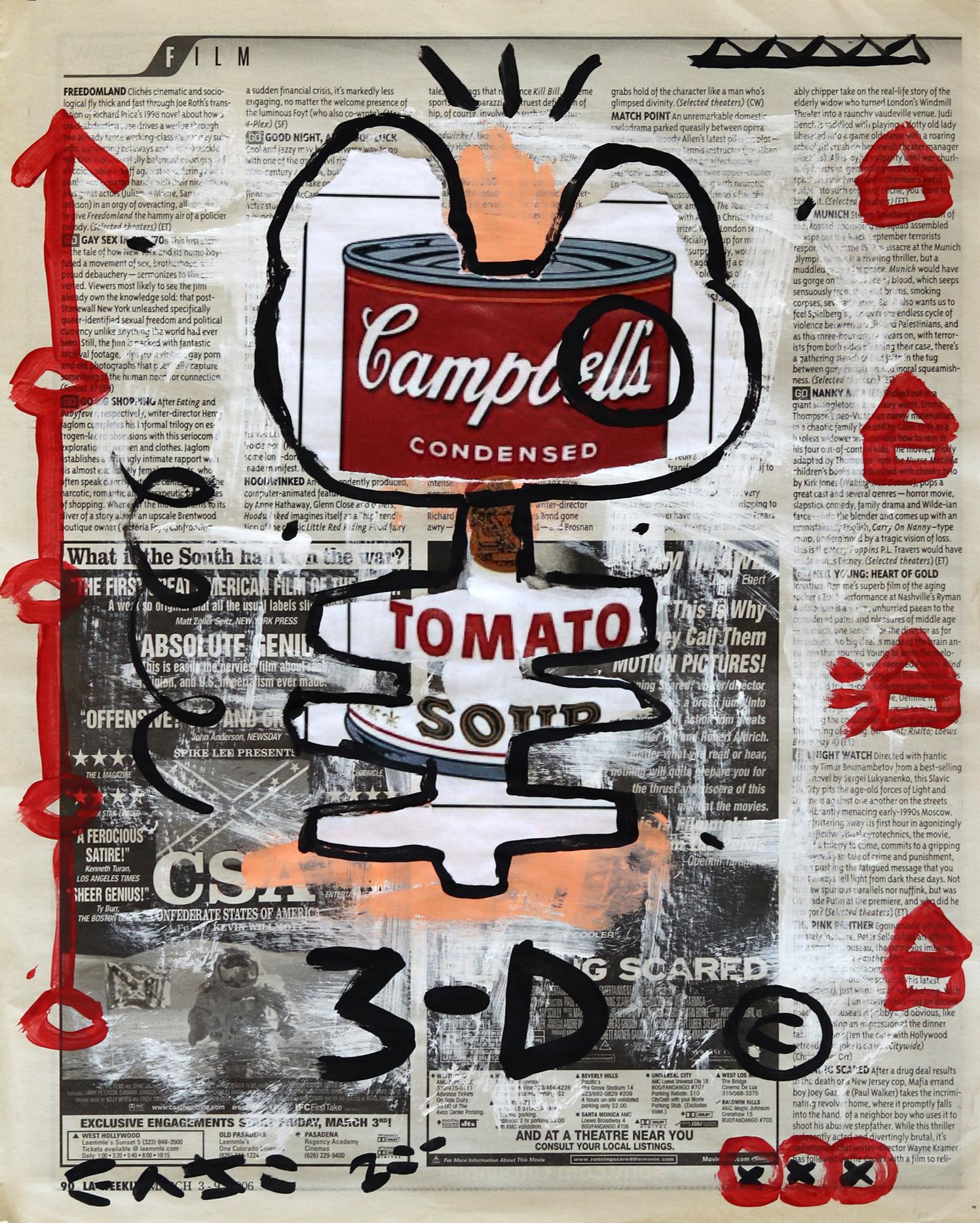 "Sopa en 3D" - Pintura original en técnica mixta sobre papel de periódico