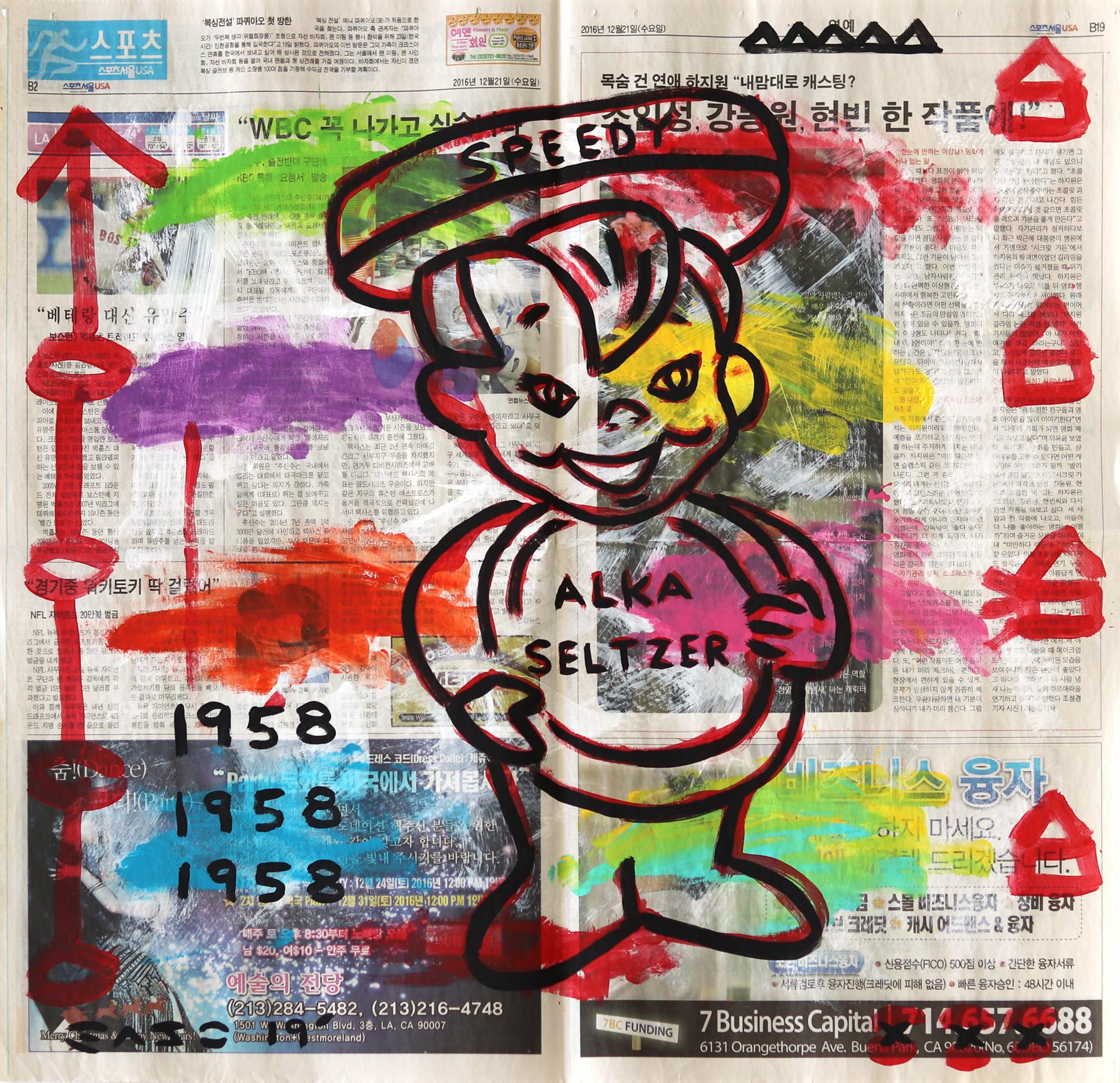 Speedy Alka Seltzer – Original Retro Pop Icon-Kunstwerk auf Zeitungspapier von Gary John, Speedy Alka Seltzer