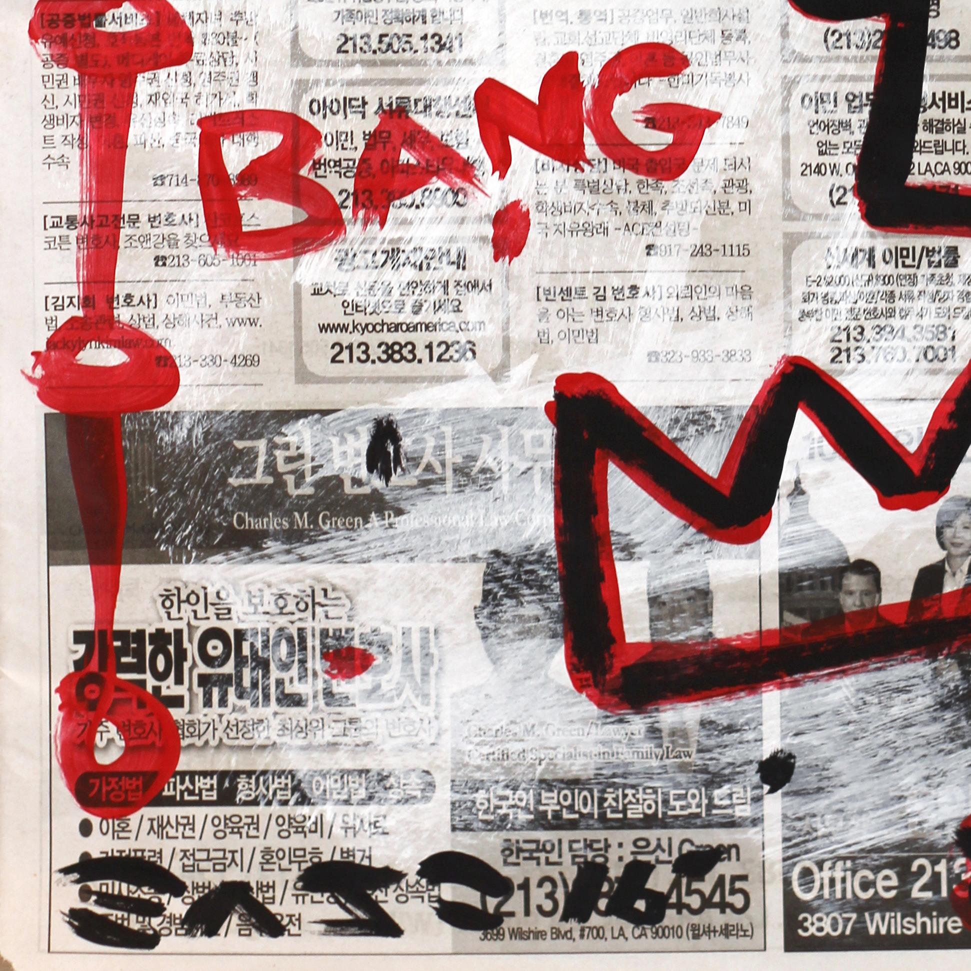 Taking Over - Original Black and Red Street Art on Newsprint For Sale 2