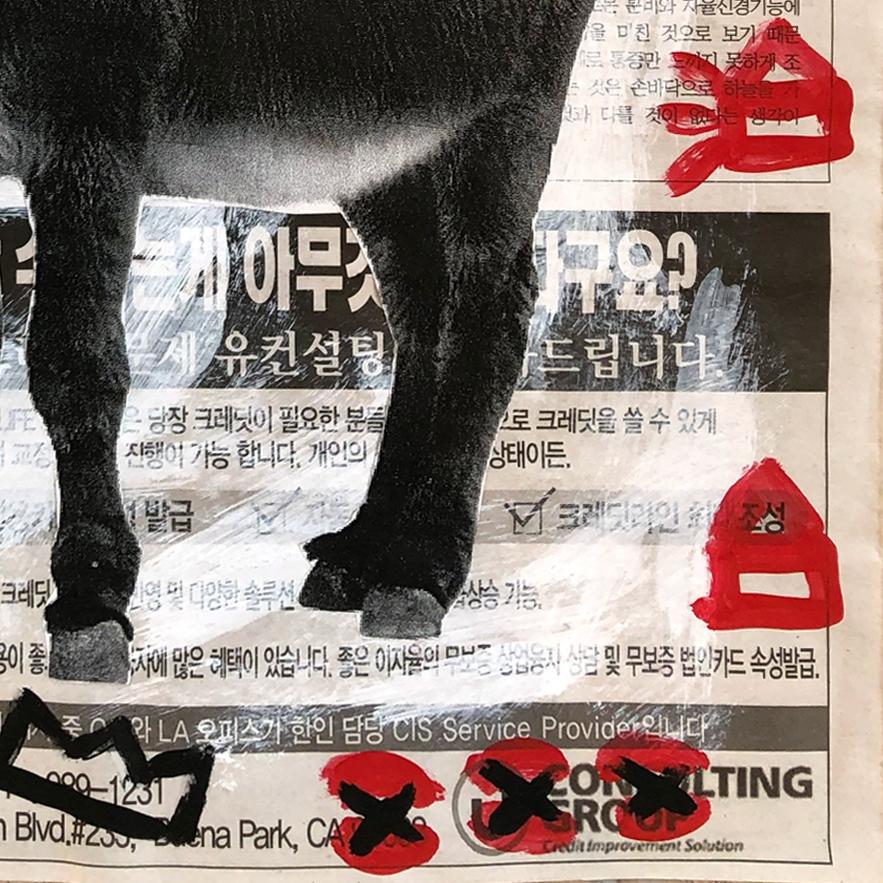 Taking This Donkey To The Moon - Orginal Street Art on Korean Newspaper - Painting by Gary John
