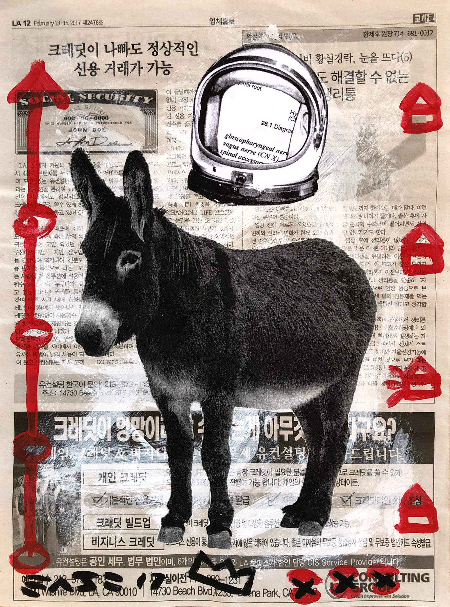 Gary John Figurative Painting - Taking This Donkey To The Moon - Orginal Street Art on Korean Newspaper