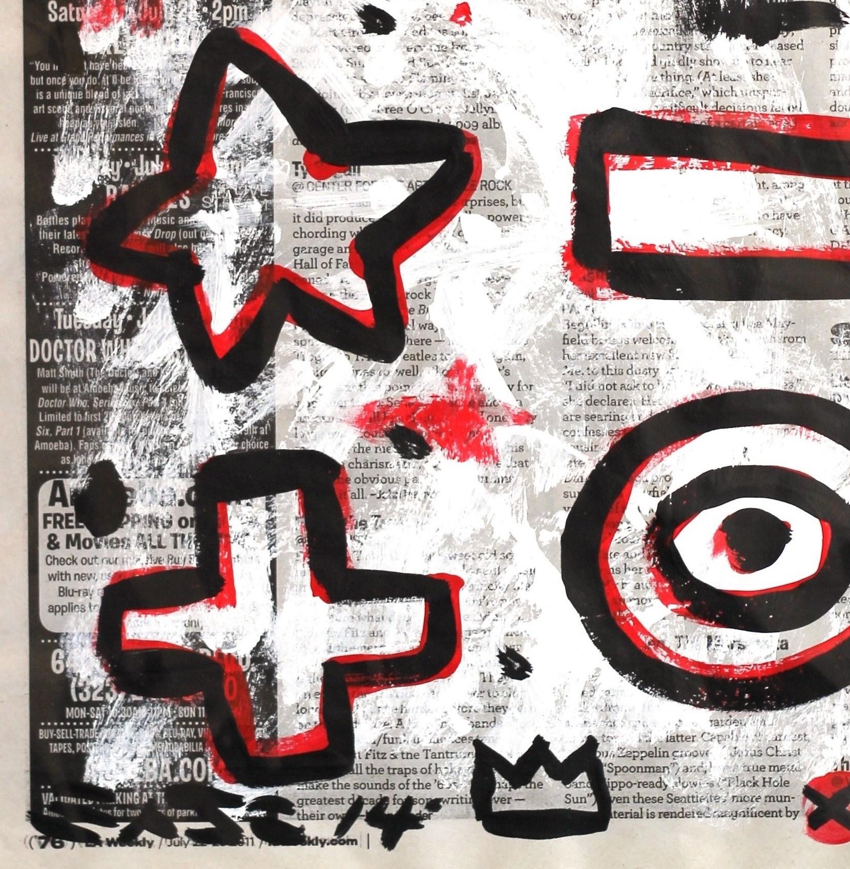 The 60's - Love Heart Star Shapes Street Art Original Painting on Newspaper - Gray Figurative Painting by Gary John