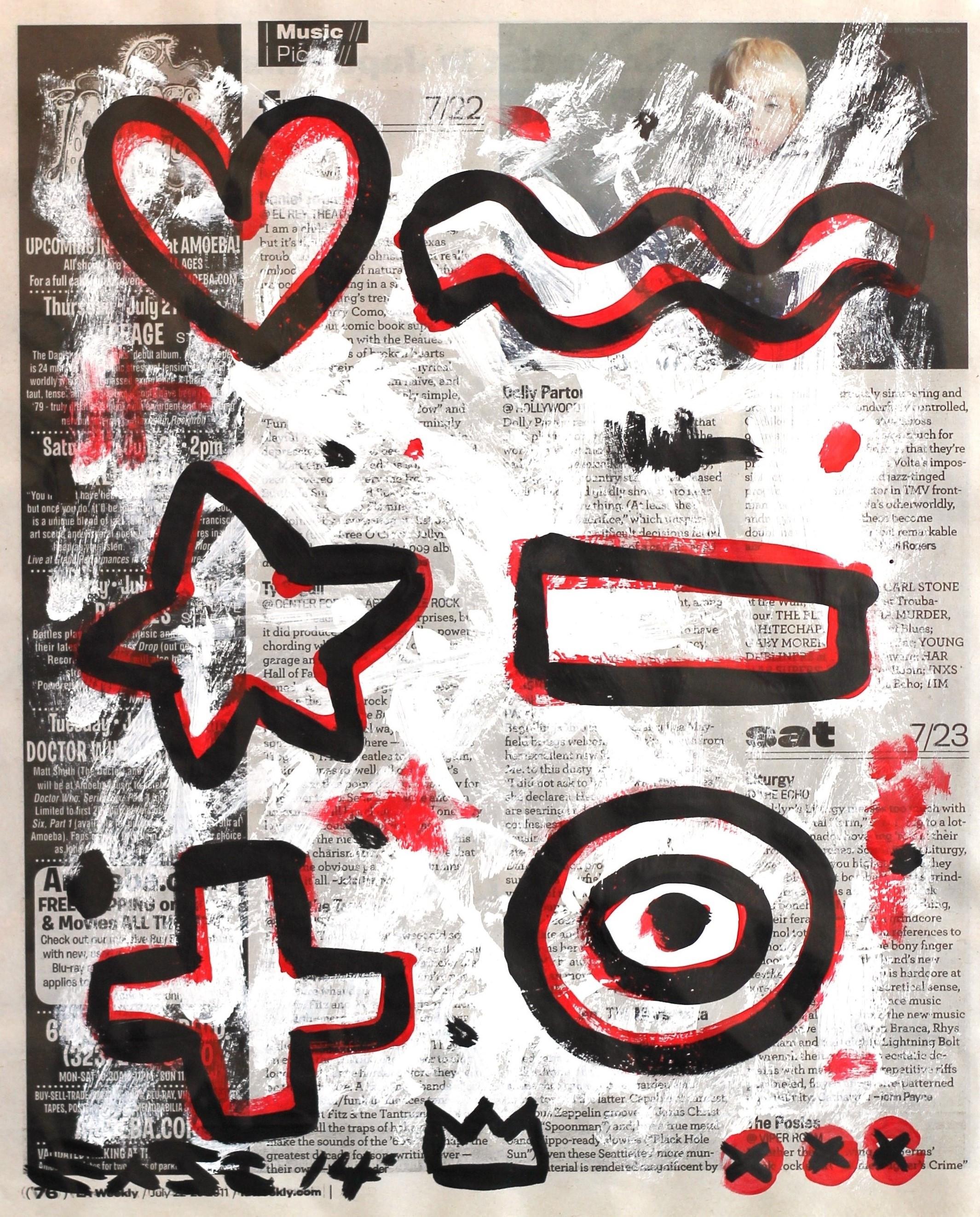 Gary John Figurative Painting - The 60's - Love Heart Star Shapes Street Art Original Painting on Newspaper