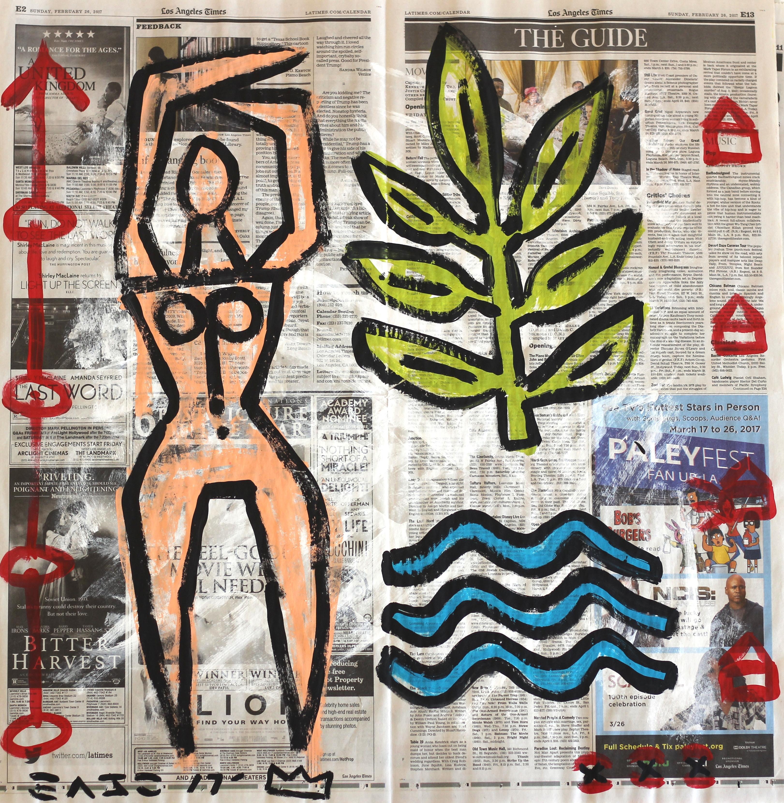 Figurative Painting di Gary John - La Guida - Figura di un cercatore di piante Street Art Pittura originale su carta da giornale