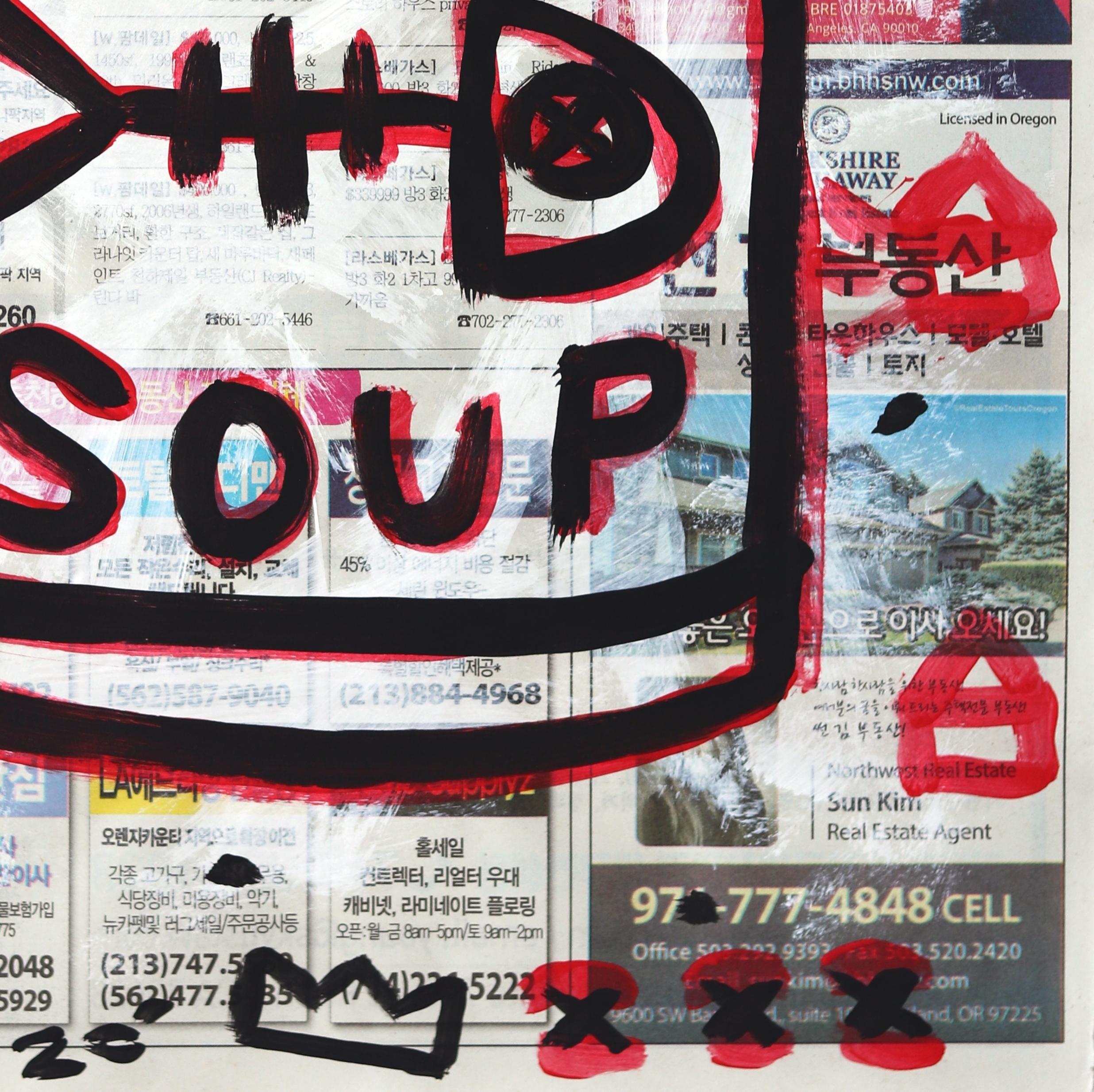 This Soup Is Not Alive - Black and Red Original Street Art on Newsprint For Sale 1