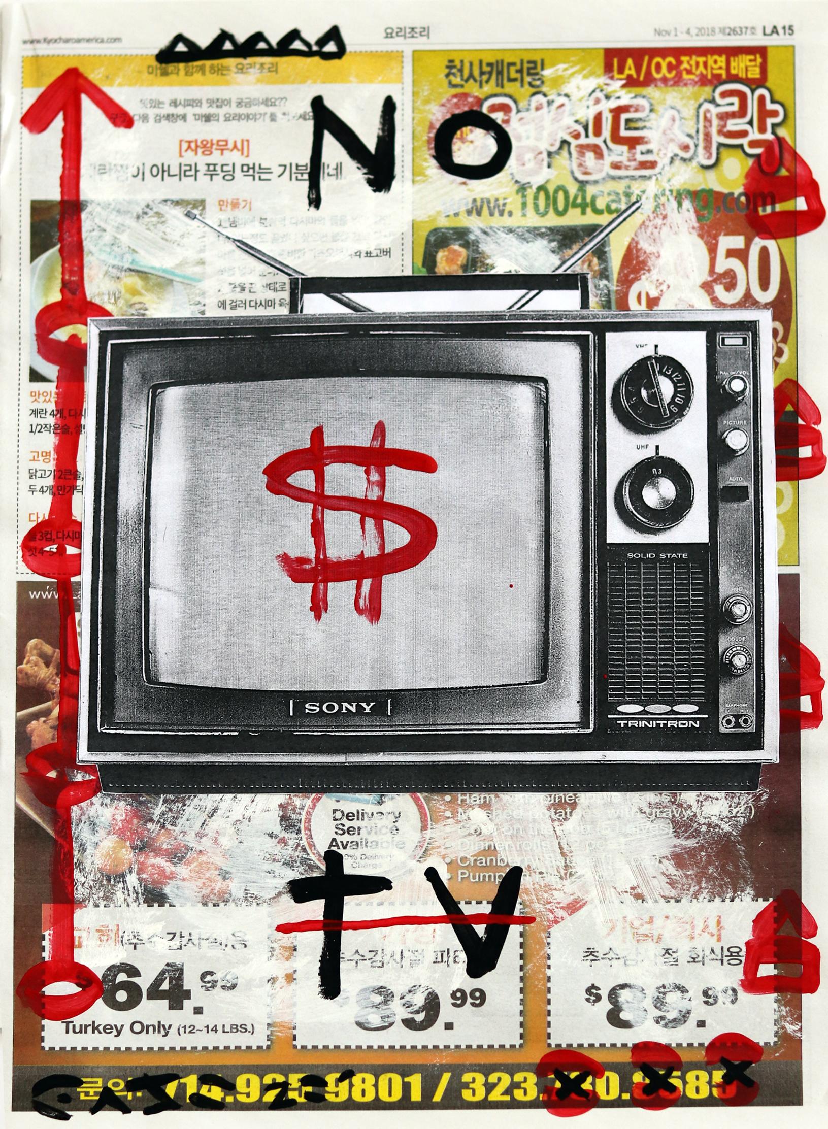 Tune Out Tube - Pittura Street Art originale di Gary John Television su carta da giornale