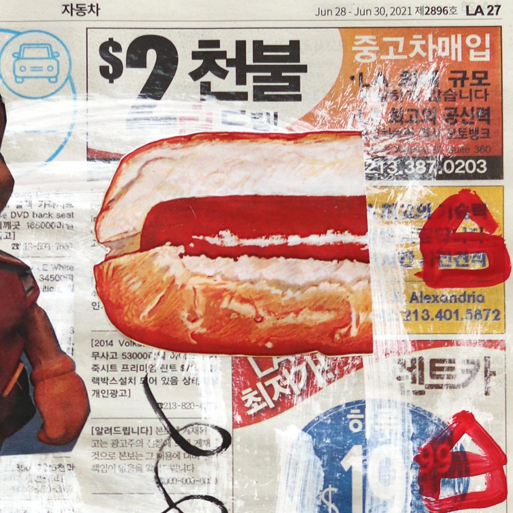 Twin Hot Dogs - Original Gary John Street Art Painting on Newspaper For Sale 3