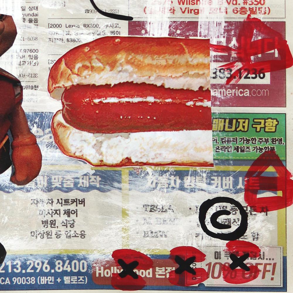 Twin Hot Dogs - Original Gary John Street Art Painting on Newspaper For Sale 4