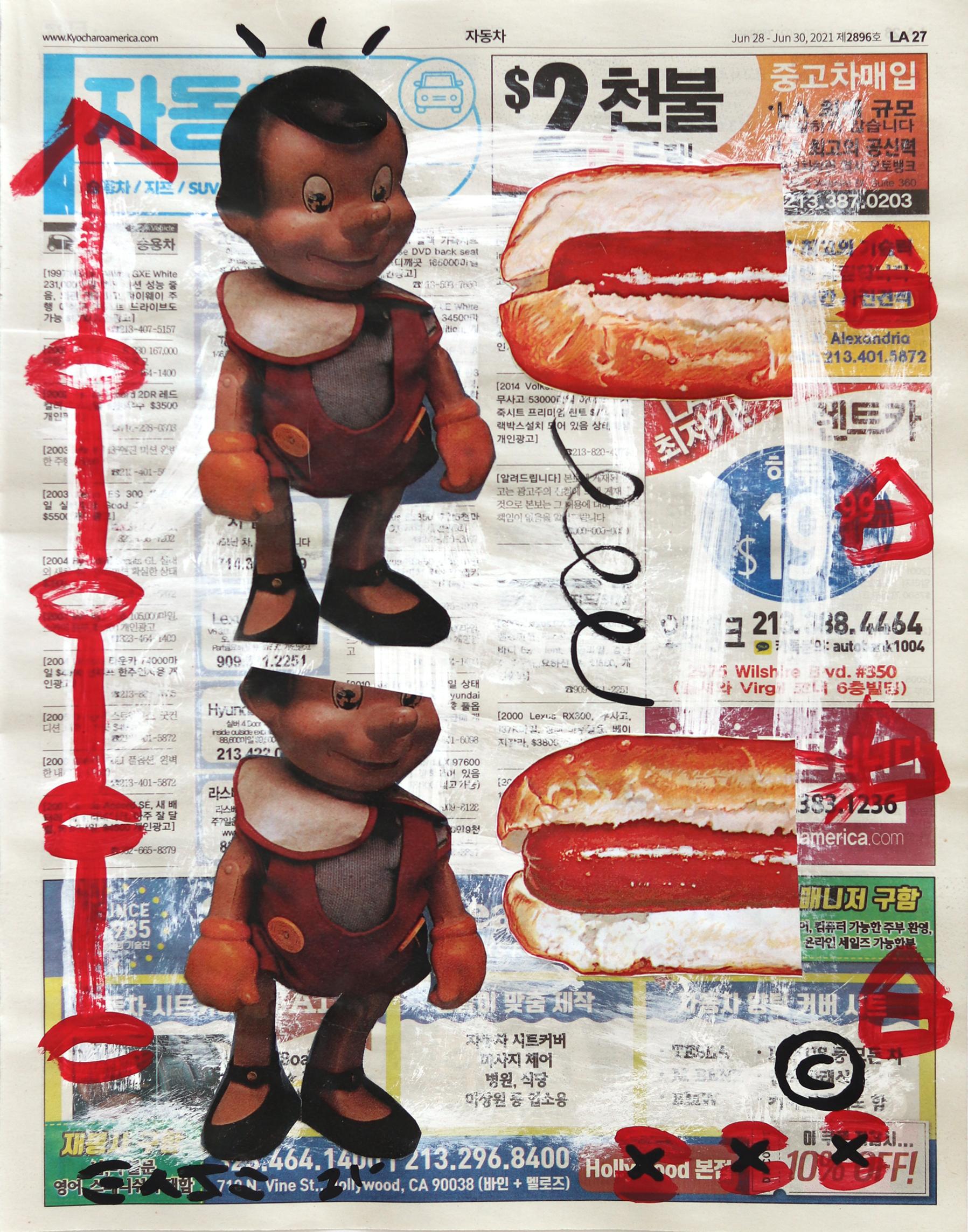 Twin Hot Dogs – Original Gary John Street Art-Gemälde auf Zeitung, Original