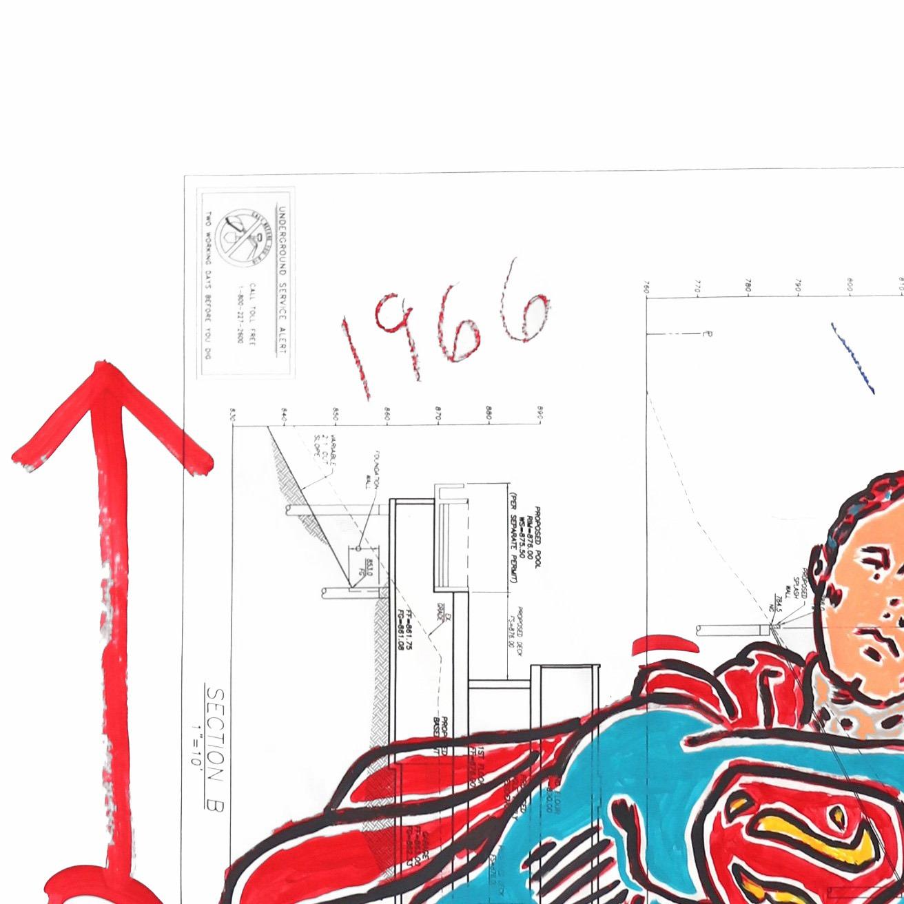 „Up Up And Away!“ Original rot-blaue Superman-inspirierte Pop-Art von Gary John im Angebot 1