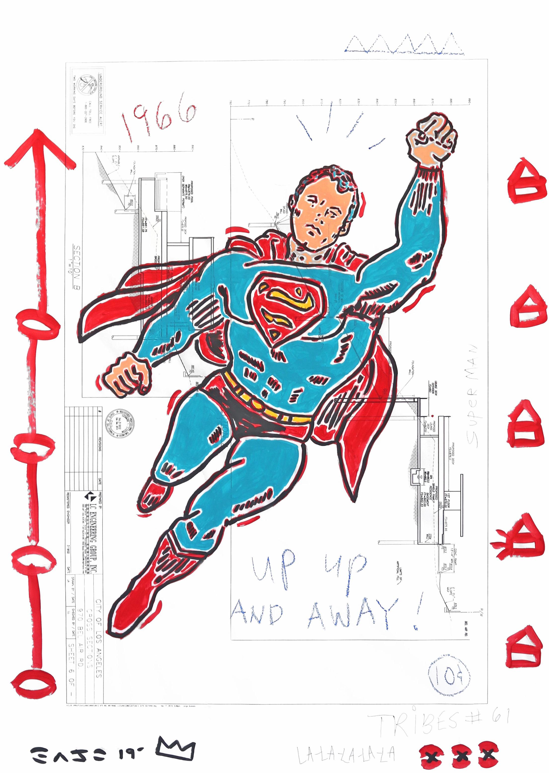 „Up Up And Away!“ Original rot-blaue Superman-inspirierte Pop-Art von Gary John