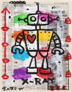 Robot - Peinture originale de Gary John Street Art Pop Art Sci Fi sur papier journal