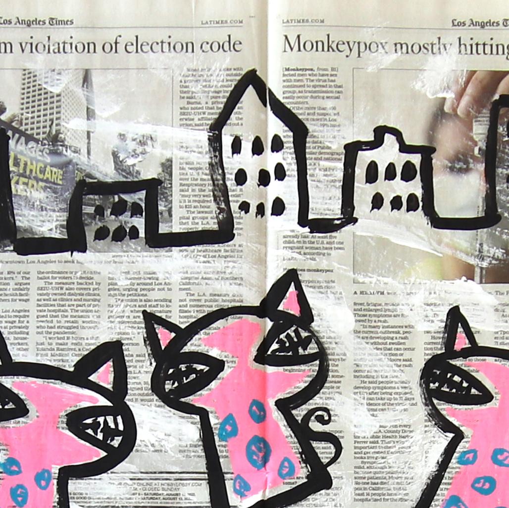 6 Gatos rosas - Pintura original Pop Art figurativa de animales de Gary John en venta 2