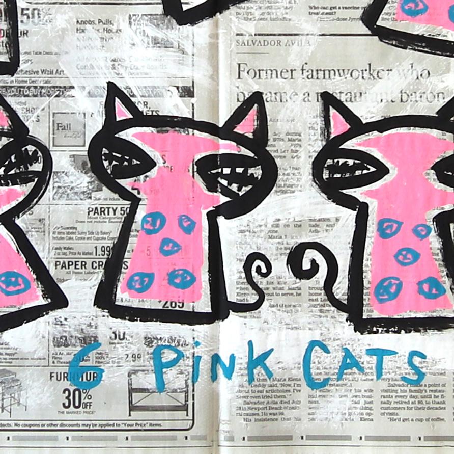 6 Gatos rosas - Pintura original Pop Art figurativa de animales de Gary John en venta 3