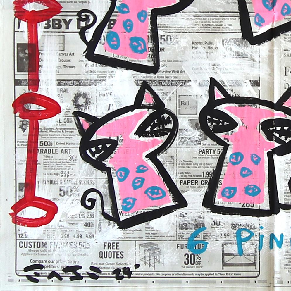 6 Gatos rosas - Pintura original Pop Art figurativa de animales de Gary John en venta 4
