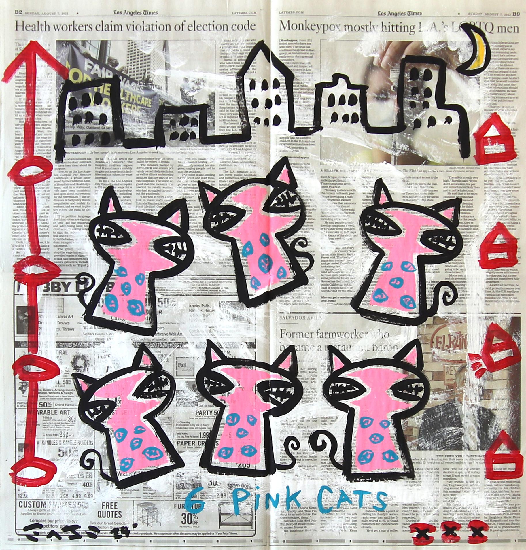 6 Gatos rosas - Pintura original Pop Art figurativa de animales de Gary John