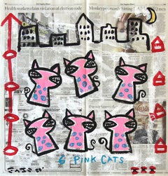 6 Pink Cats - Original Quirky Figurative Animal Pop Art Painting by Gary John