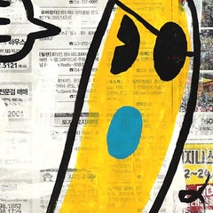 Banana Chats - Originelle skurrile figurative abstrakte Kunst auf Zeitungspapier von Gary John