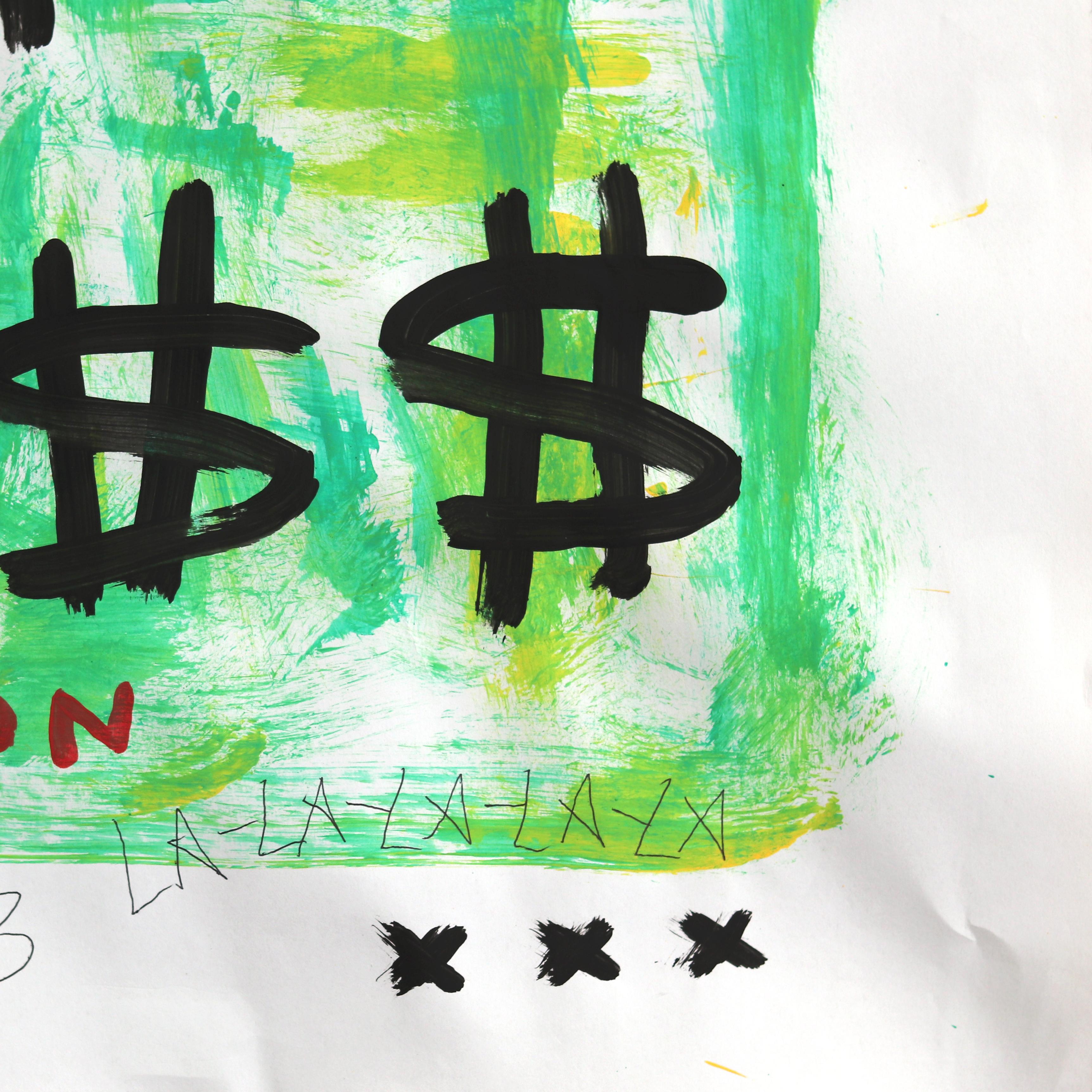 Big Bucks - Original Playful Vibrant Green Yellow Pop Art Painting by Gary John For Sale 1
