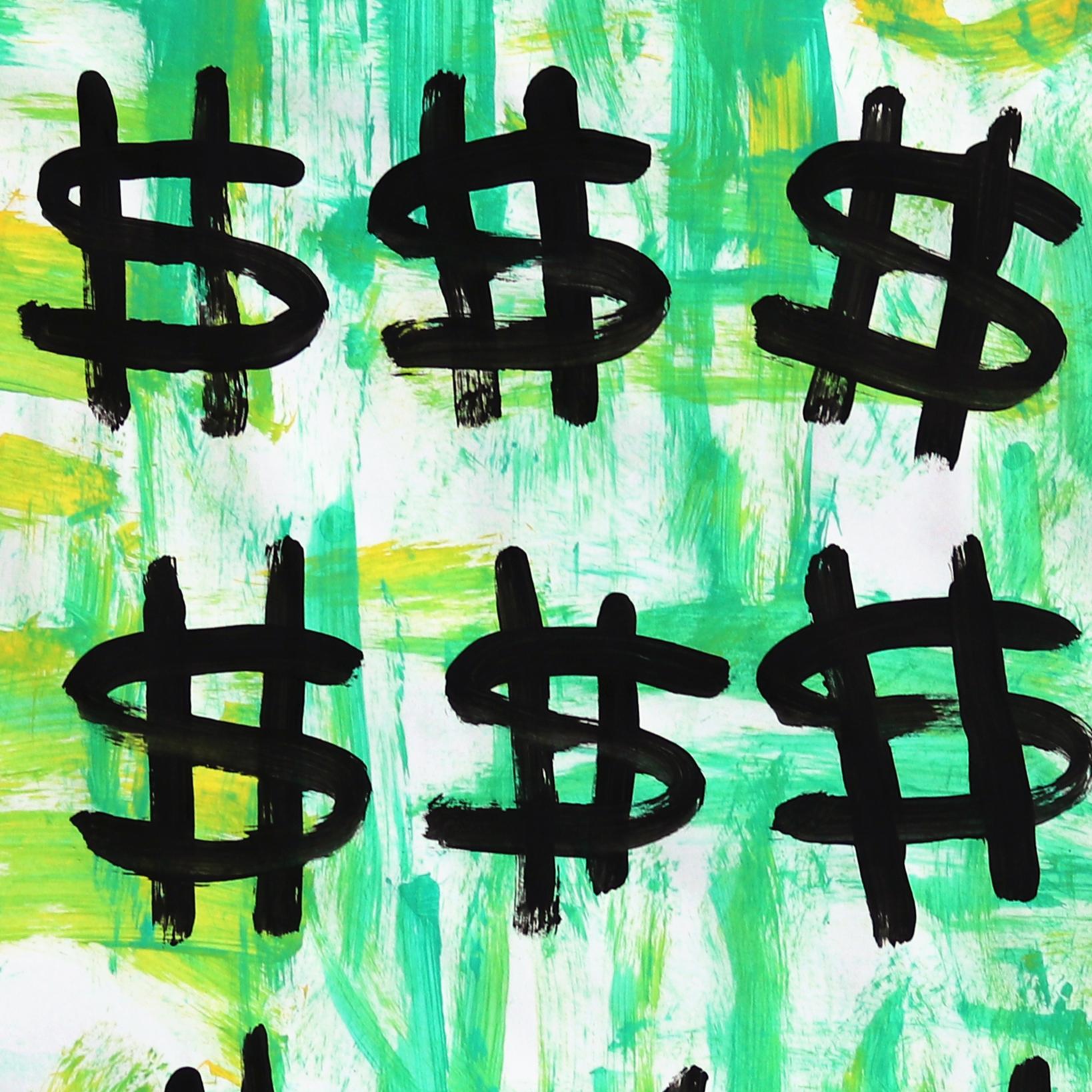 Big Bucks - Original Playful Vibrant Green Yellow Pop Art Painting by Gary John For Sale 2