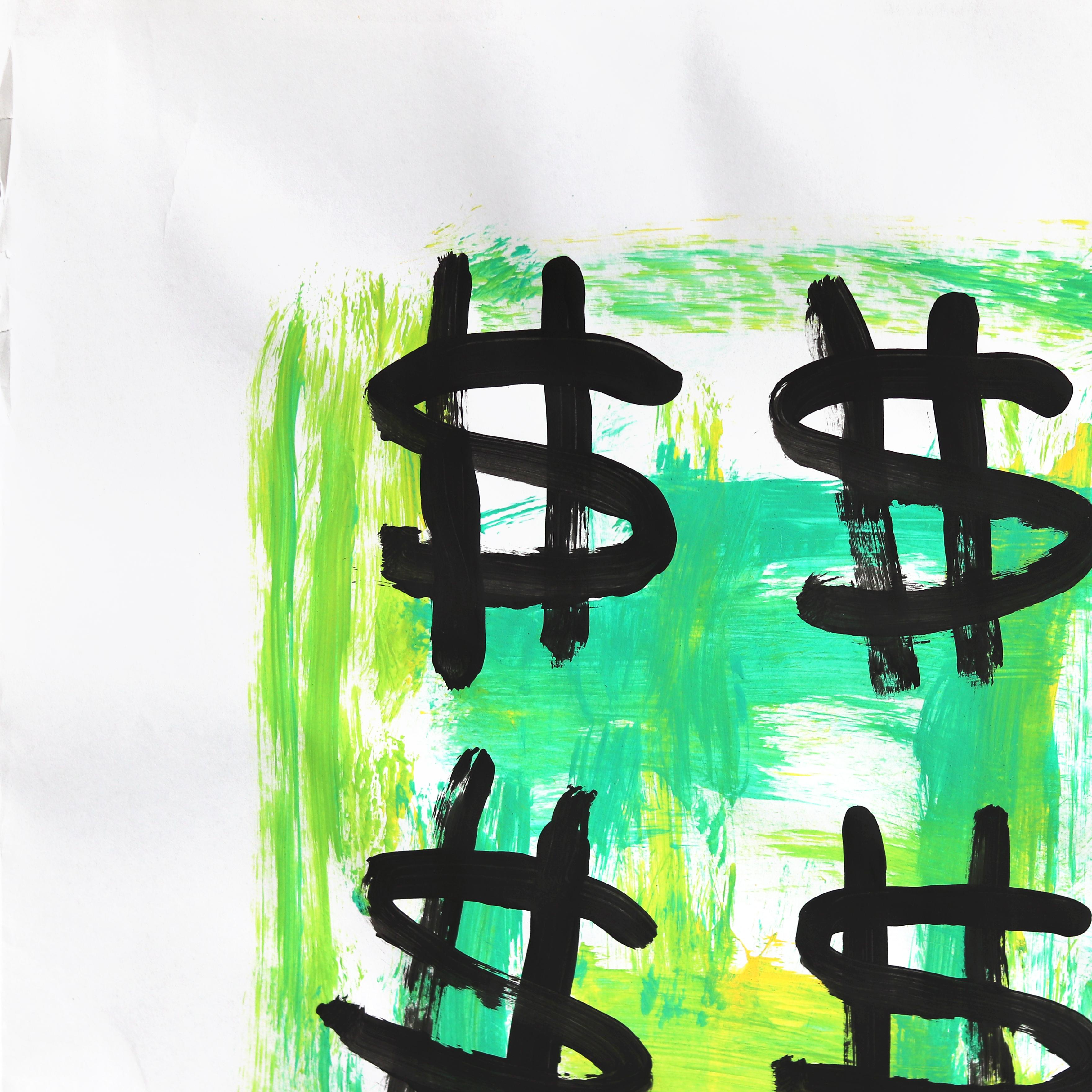Big Bucks - Original Playful Vibrant Green Yellow Pop Art Painting by Gary John For Sale 3
