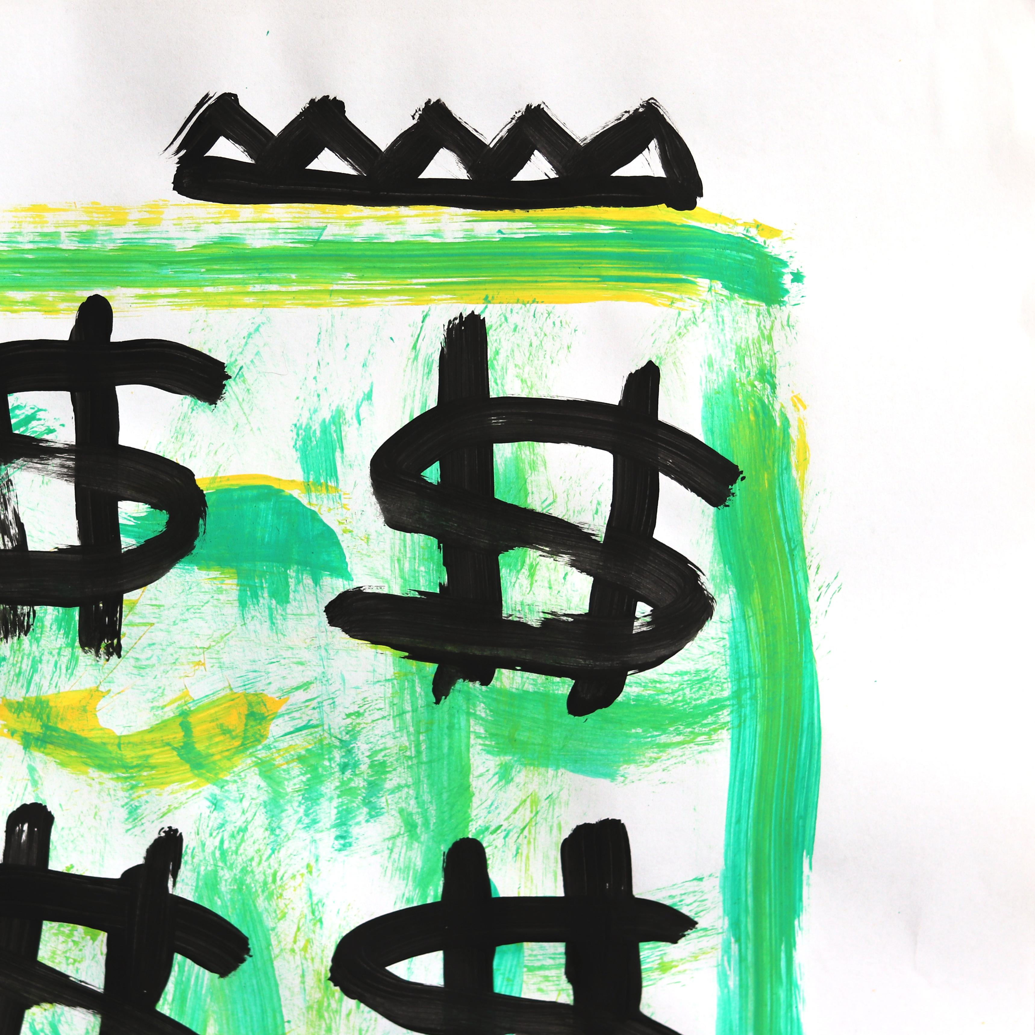 Big Bucks - Original Playful Vibrant Green Yellow Pop Art Painting by Gary John For Sale 4