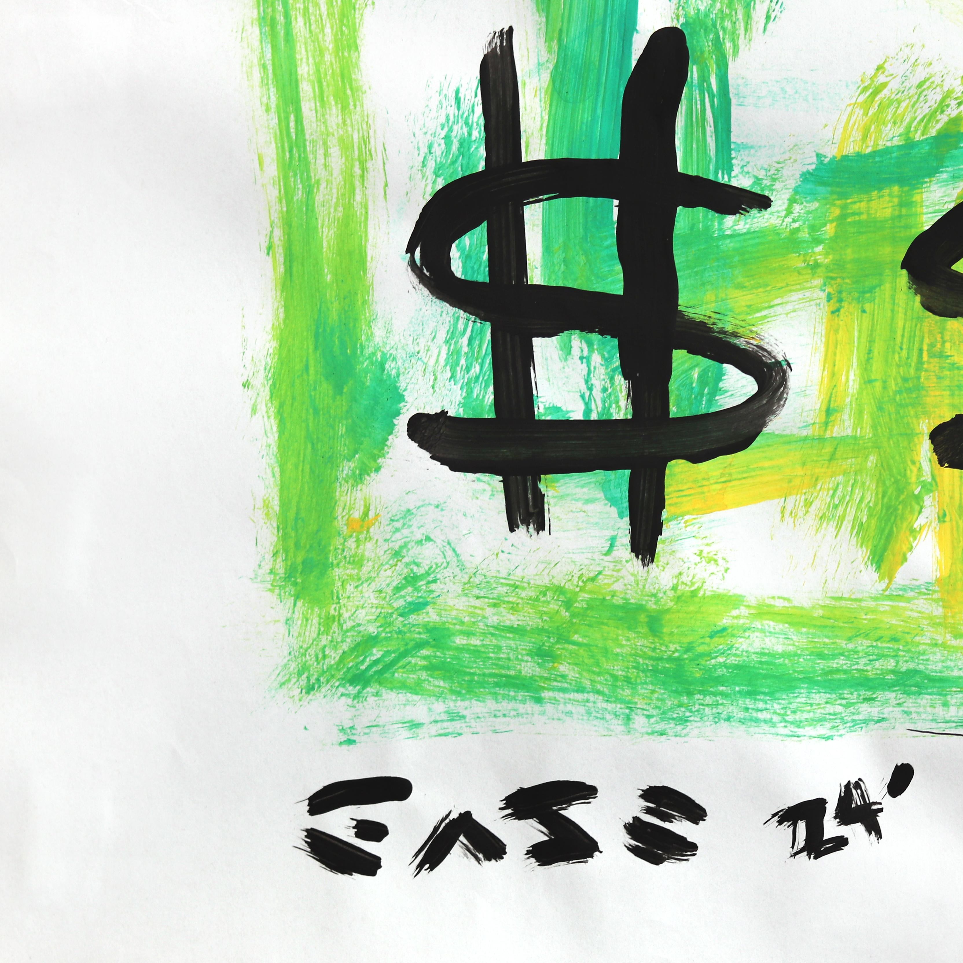 Big Bucks - Original Playful Vibrant Green Yellow Pop Art Painting by Gary John For Sale 5