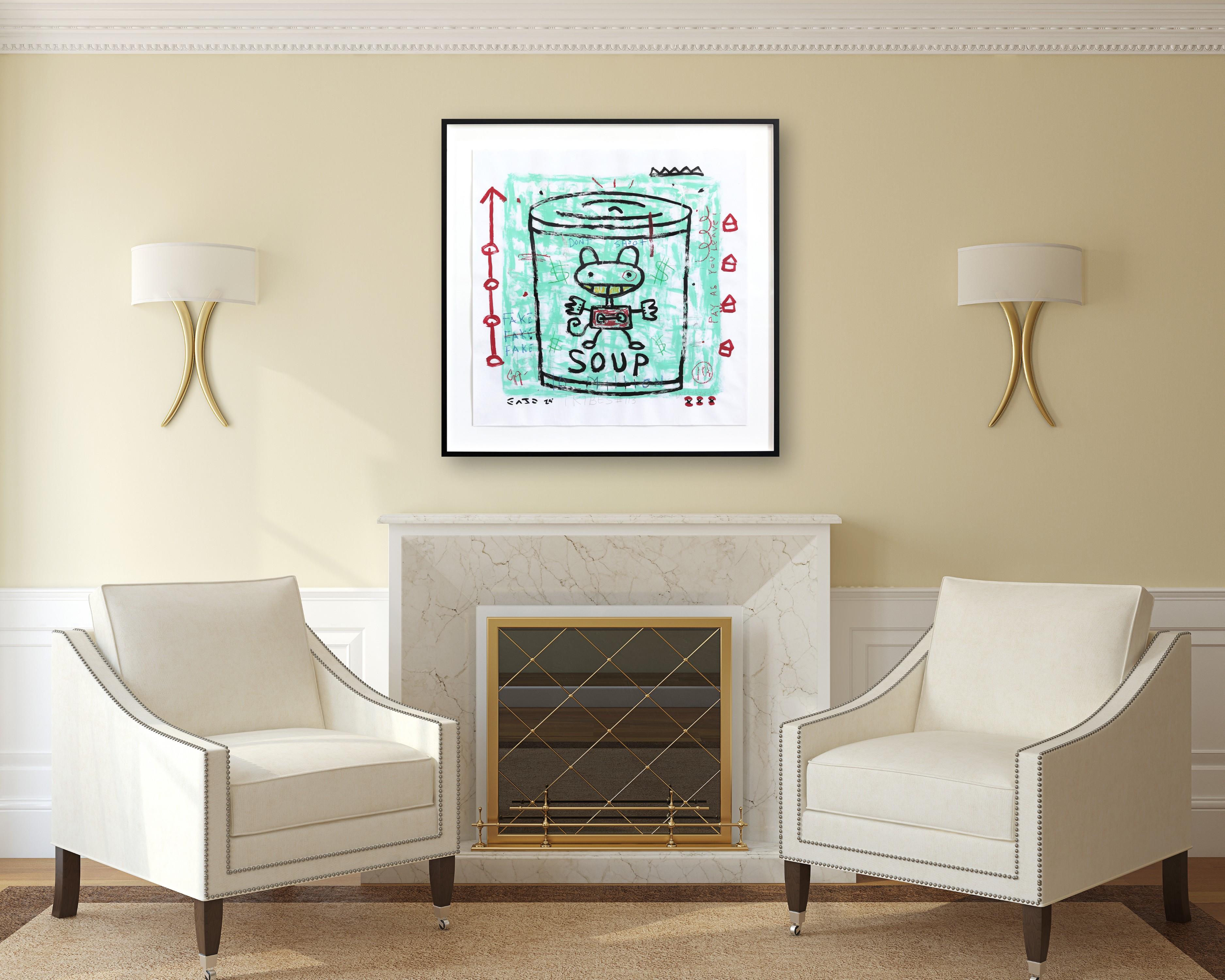 Big Soup - Pintura Pop Art Figurativa Verde Original de Gary John Enmarcada en venta 5
