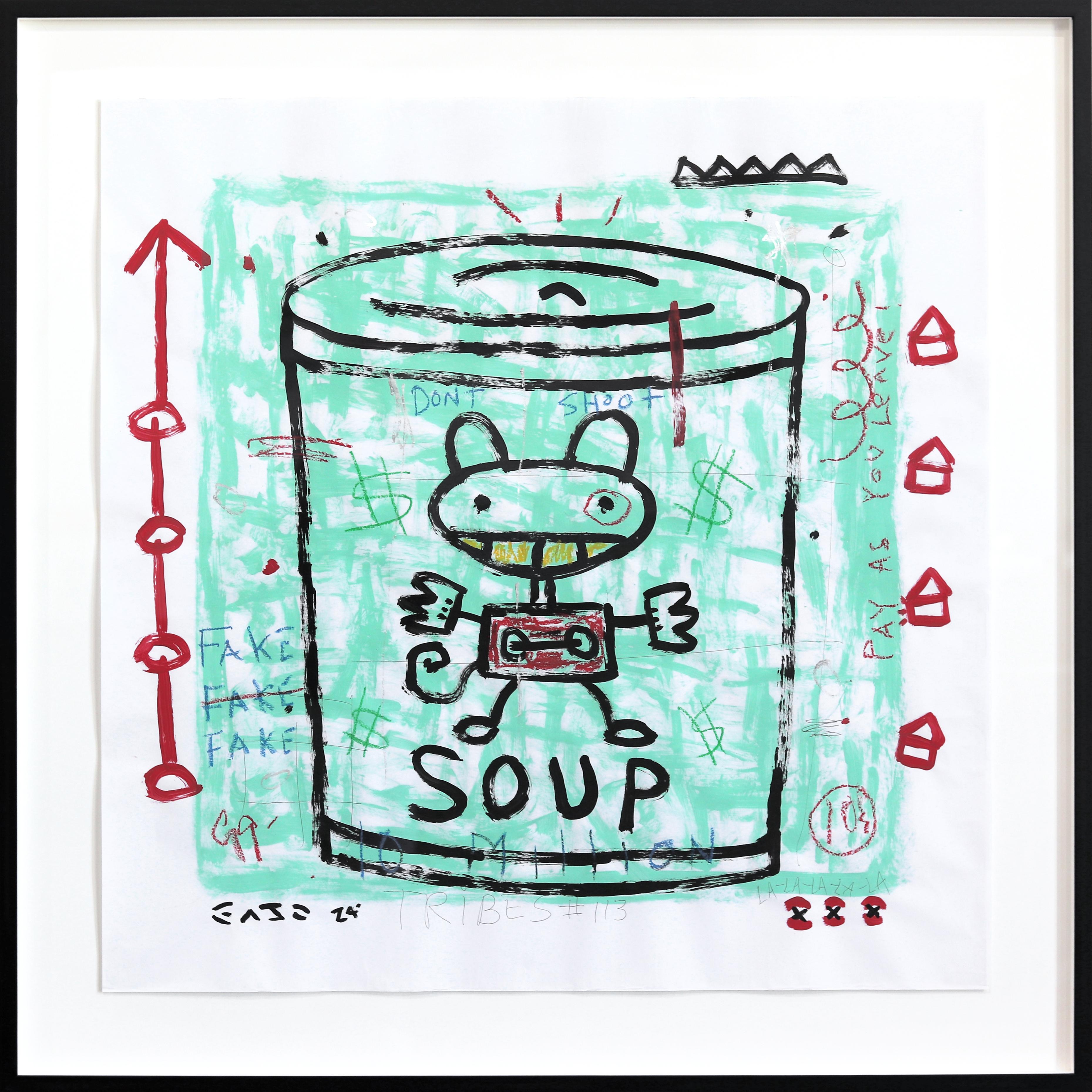 Big Soup - Pintura Pop Art Figurativa Verde Original de Gary John Enmarcada
