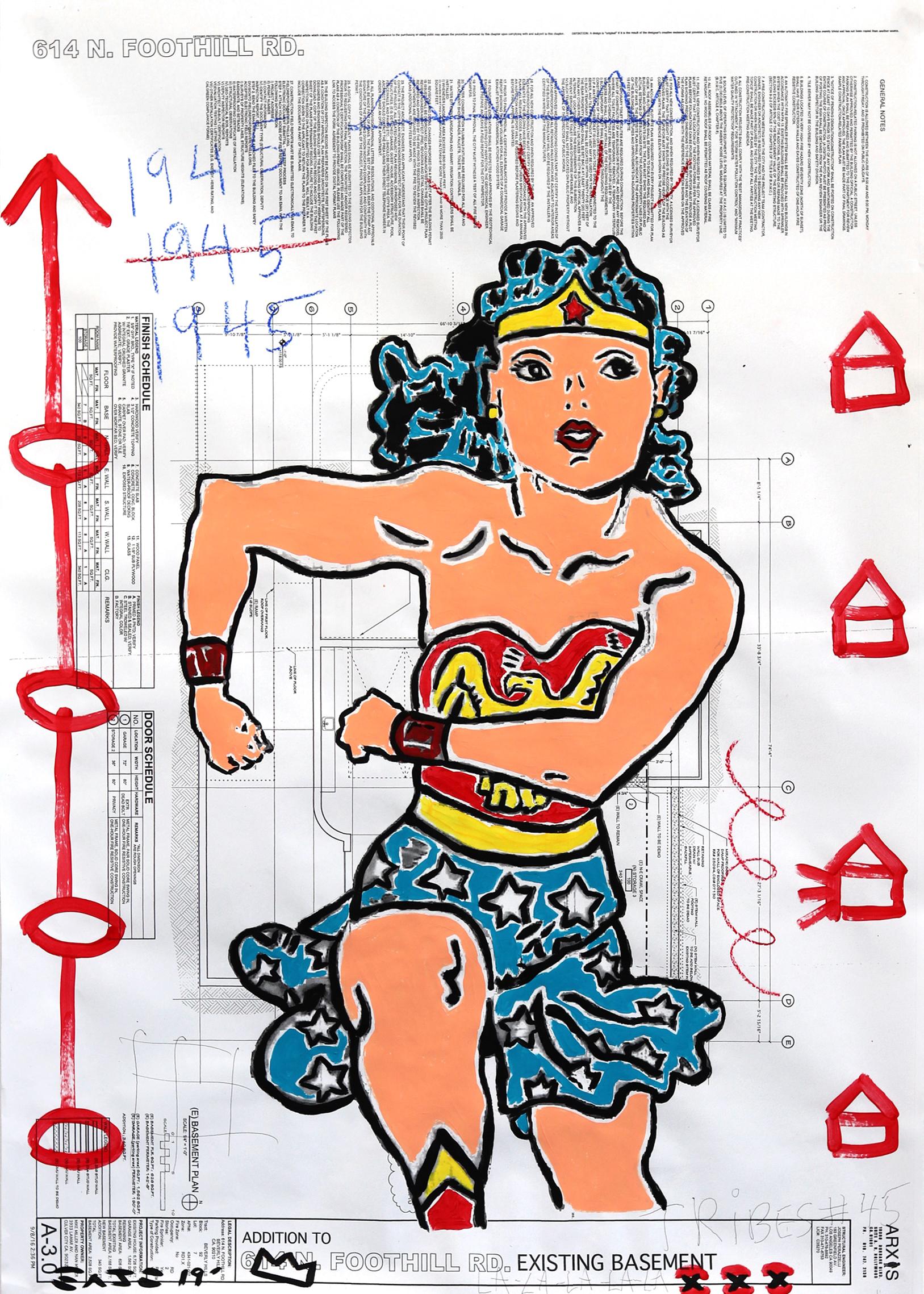 La carica di Wonder Woman - Quadro figurativo Pop Art originale di grandi dimensioni di Gary Johns