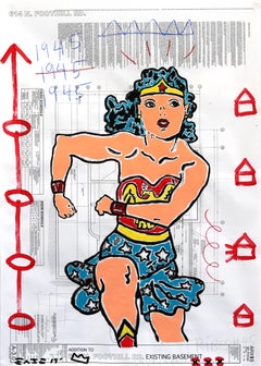 Charging Wonder Woman - Original Large Figurative Pop Art Painting by Gary John