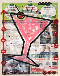 Cherry Drop Glass - Original Quirky Still Life Pop Art on Newspaper by Gary John