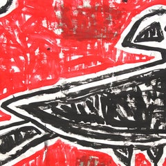 Crow and Bone - Original Red Black Pop Art Bird Painting by Gary John