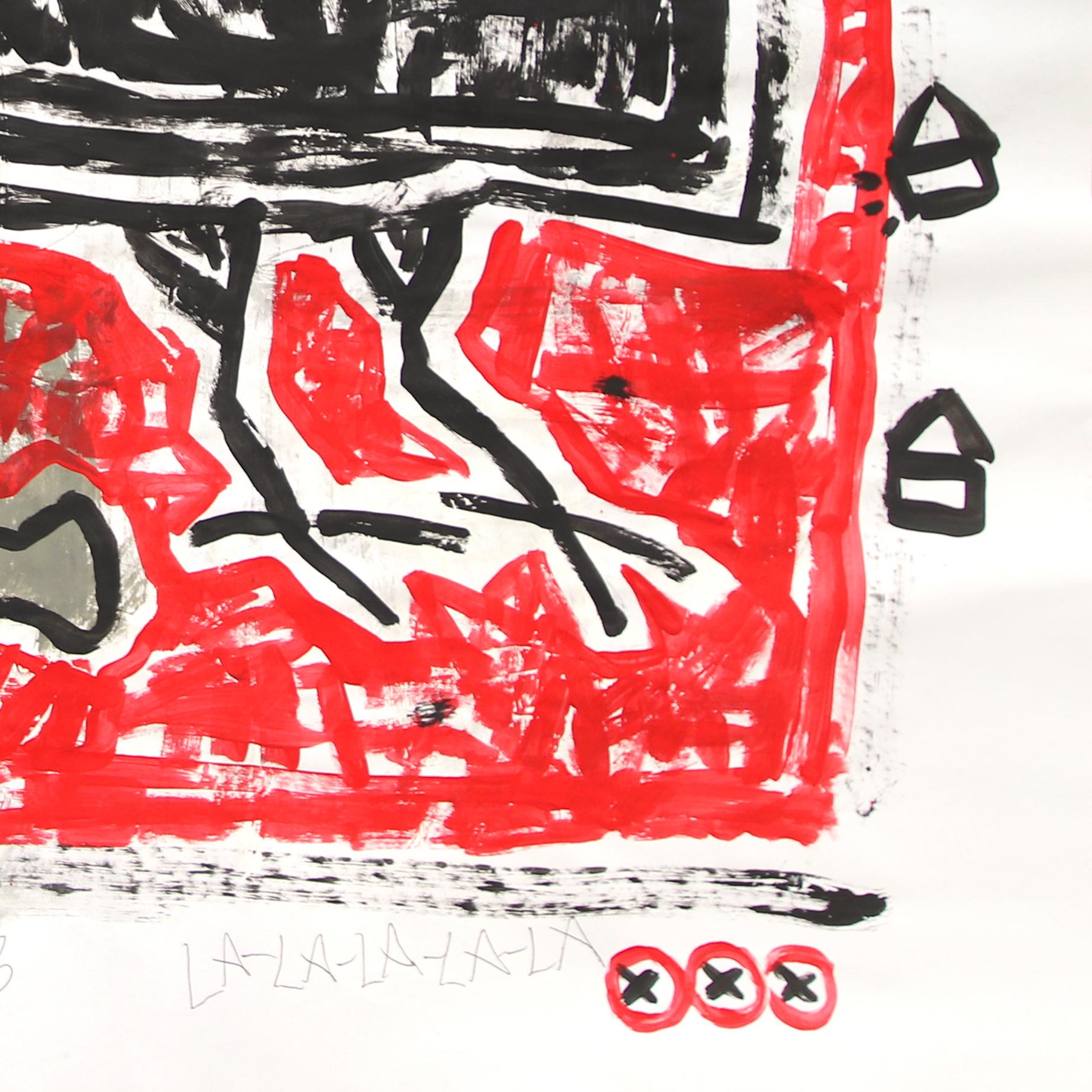 Il corvo e l'osso - Pittura pop art originale in rosso e nero di Gary Johns in vendita 3