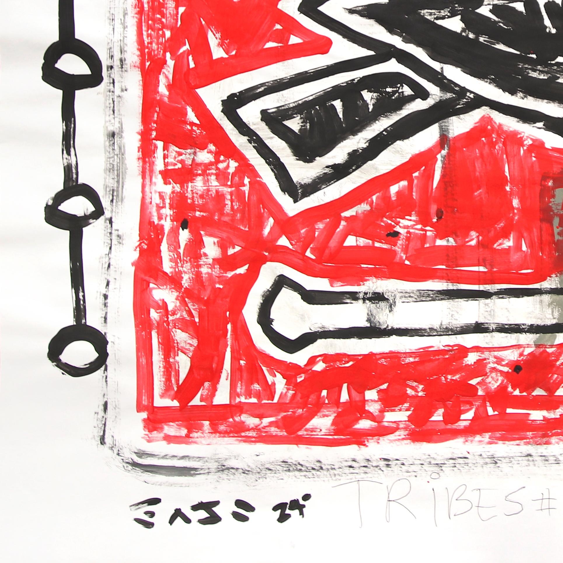 Il corvo e l'osso - Pittura pop art originale in rosso e nero di Gary Johns in vendita 5