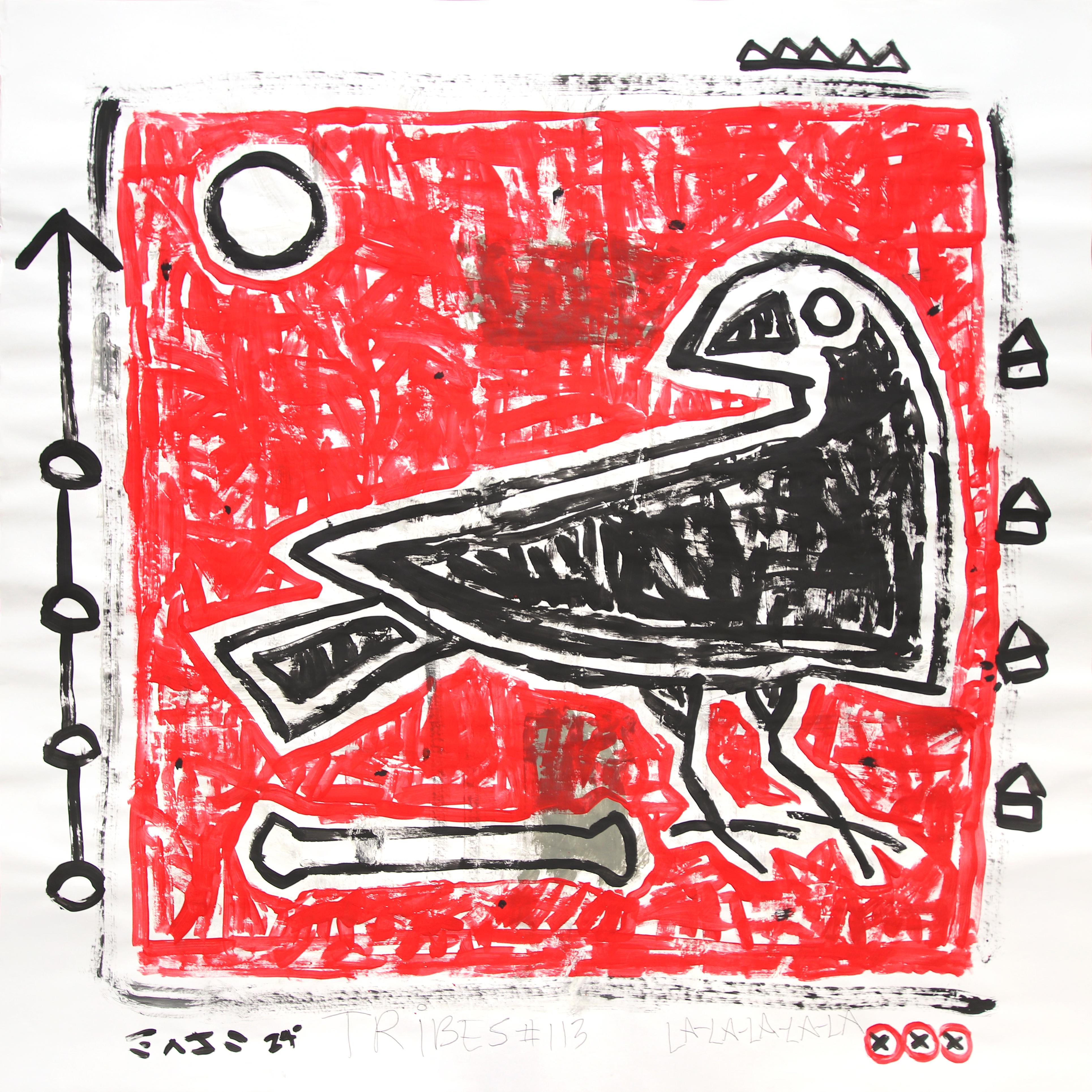 Cuervo y Hueso - Pintura original Pop Art Pájaro Rojo Negro de Gary John