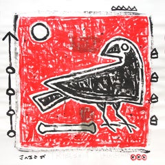Crow and Bone - Original Red Black Pop Art Bird Painting by Gary John