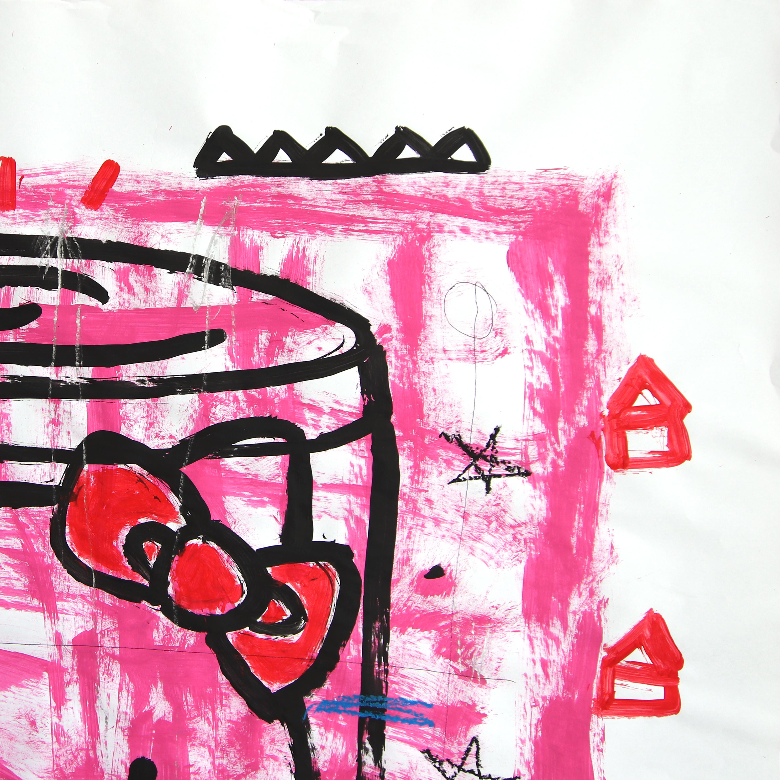 Hello Kitty Soup - Abstract Pink Quirky Cartoon Pop Art Painting by Gary John For Sale 2