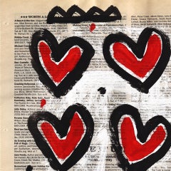Love Times Twelve - Œuvre originale d'art pop en forme de cœur rouge sur papier journal par Gary Johns