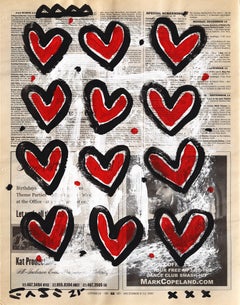Love Times Twelve - Original Red Hearts Pop Artwork on Newspaper by Gary John