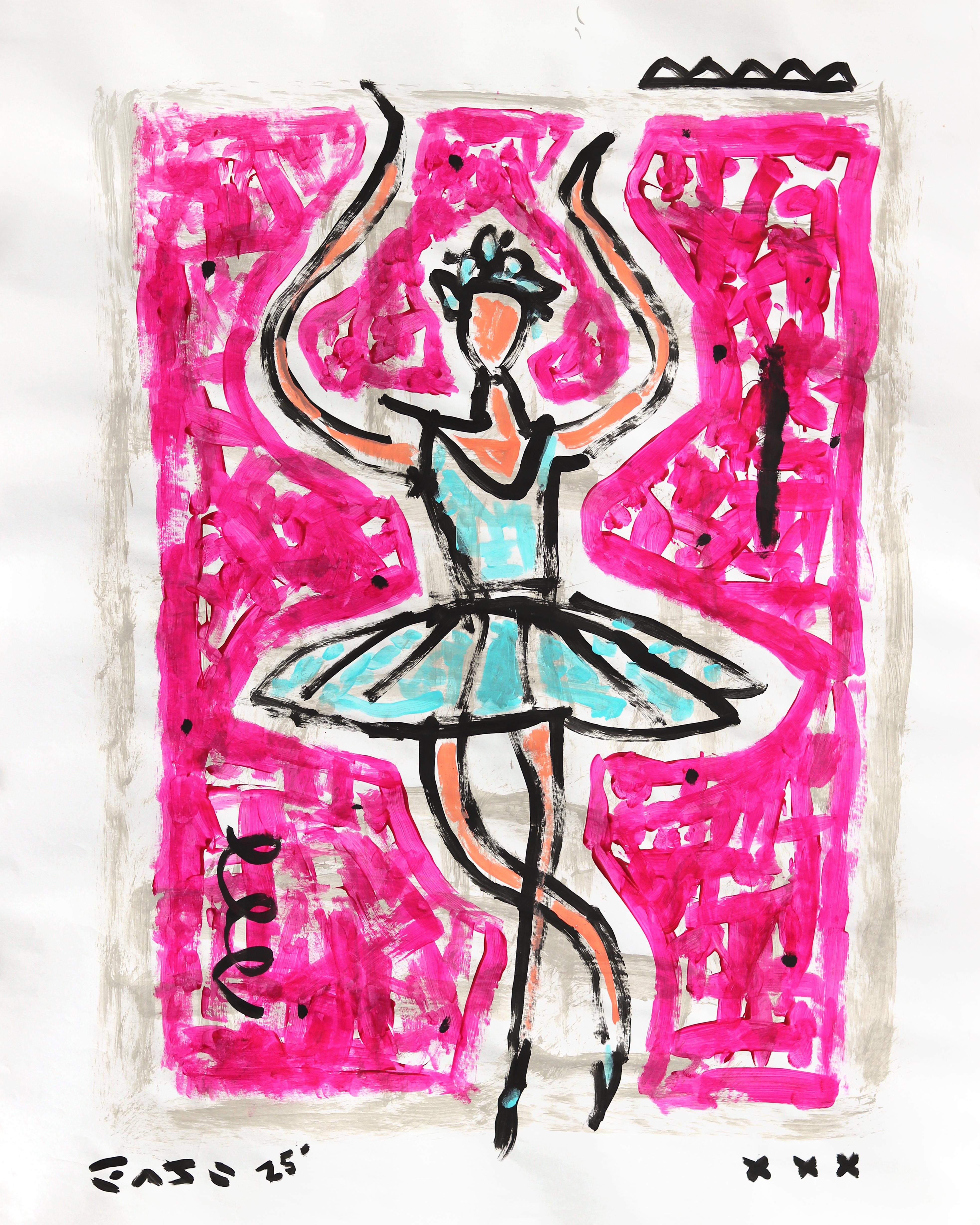 Giro magenta - Pintura figurativa juguetona y vibrante de una bailarina, por Gary John