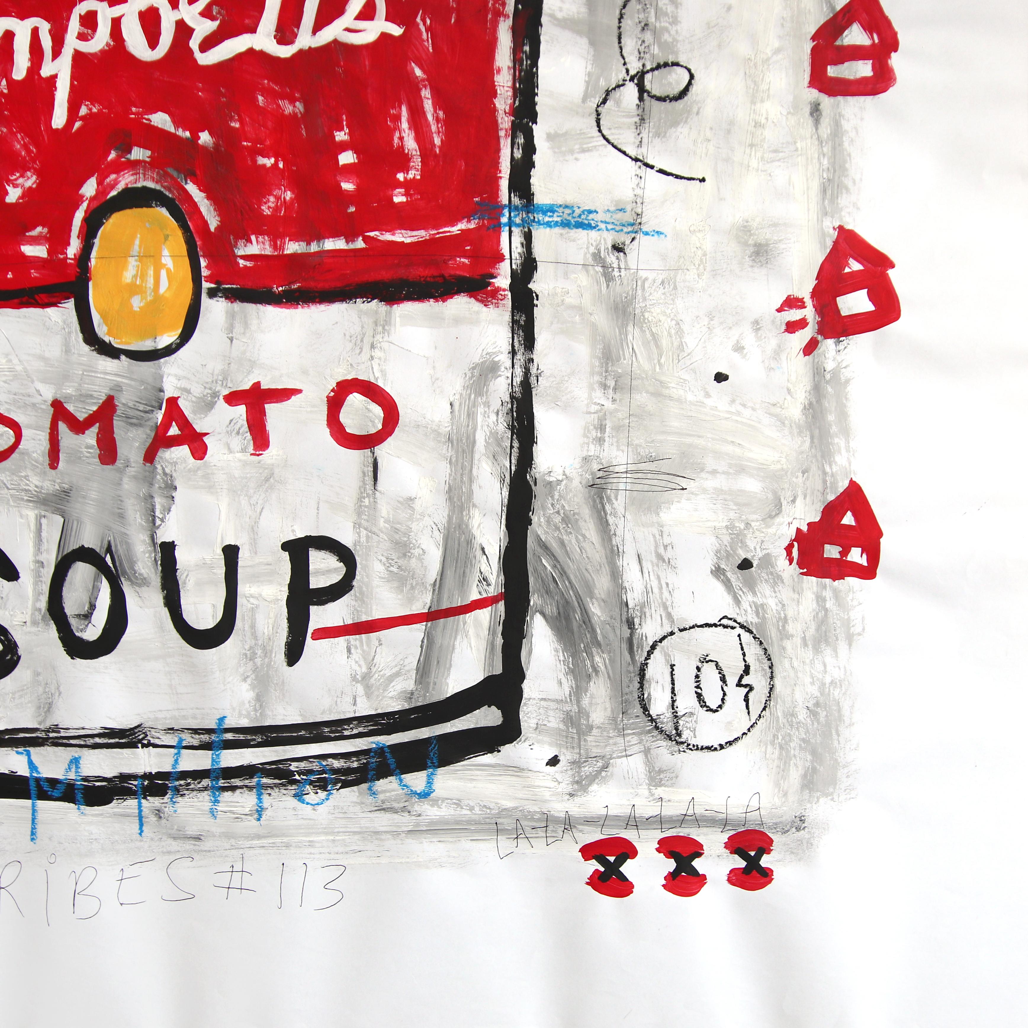 La mia zuppa di pomodoro - opera d'arte pop astratta e vibrante su carta di I. Johns - Abstract Painting Grigio di Gary John