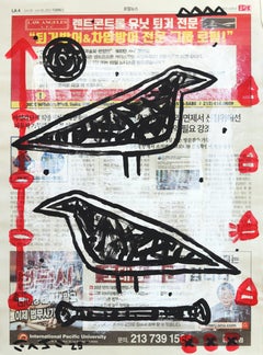 Picos de papel - Pintura abstracta figurativa de pájaros negros y rojos de Gary John