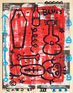 Skeleton Strums - Original Acrylic Figurative Art on Newspaper, Signed, 14x11